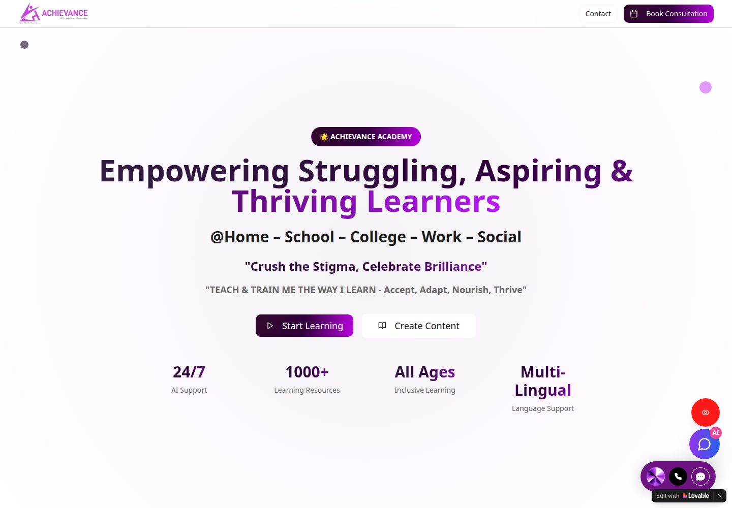 Achievance Academy public website screenshot